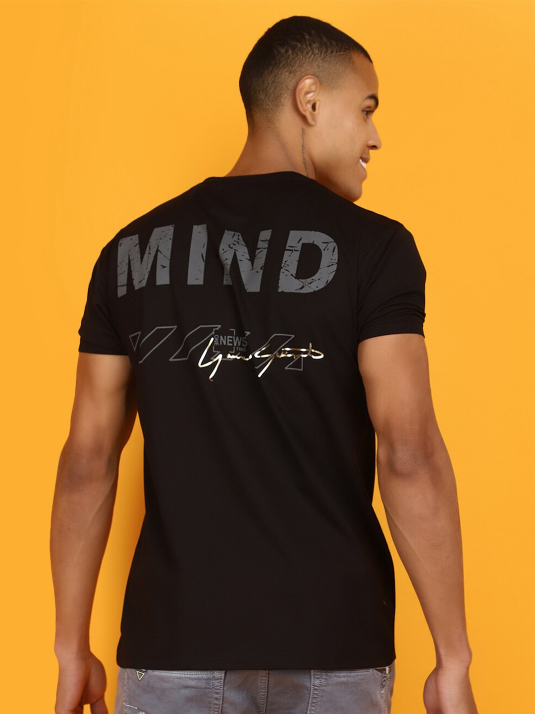 

V-Mart Round Neck Short Sleeves Typography Printed Cotton Regular Fit T-shirt, Black