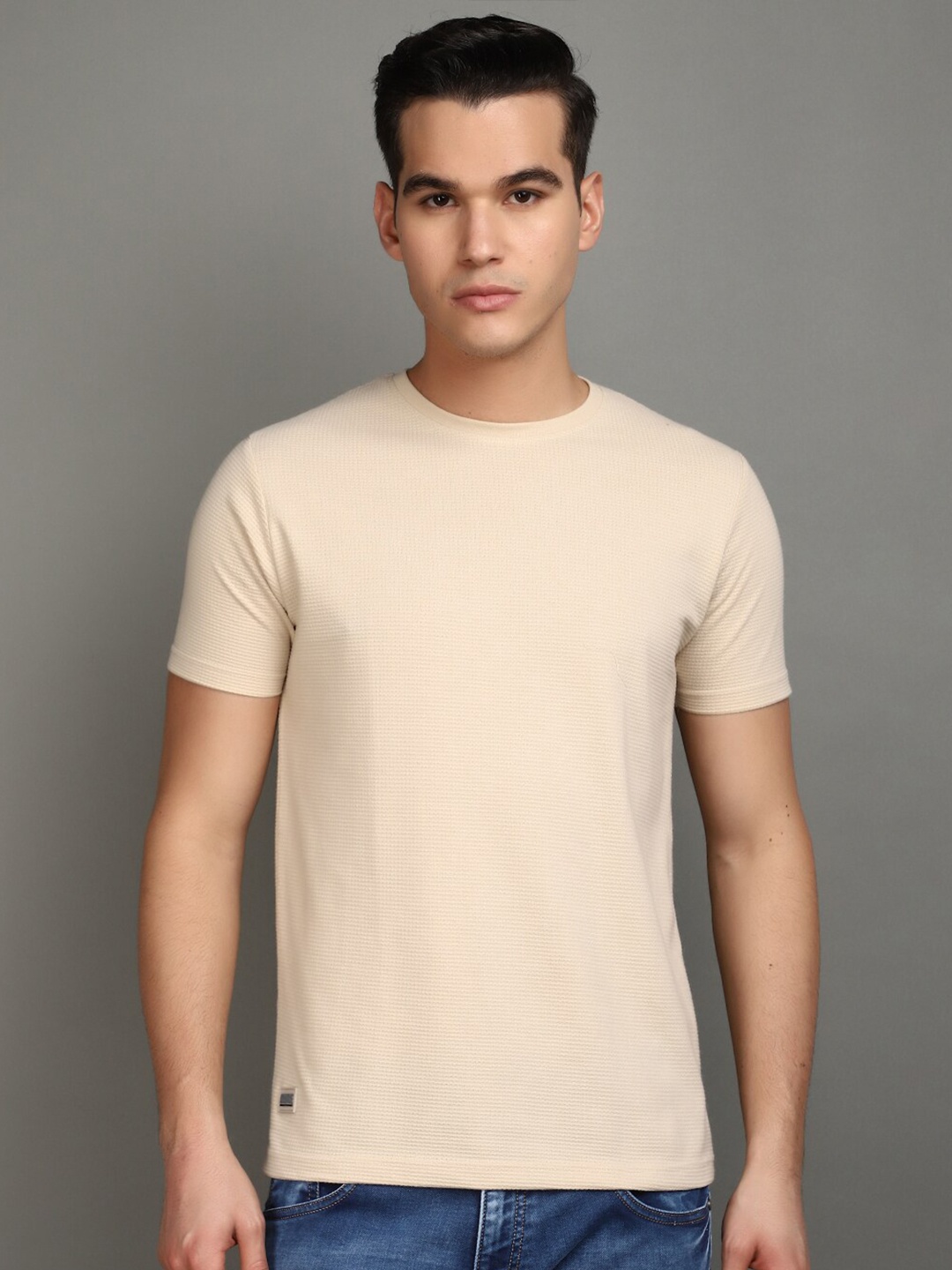 

V-Mart Round Neck Short Sleeves Cotton Slim Fit T-shirt, Beige