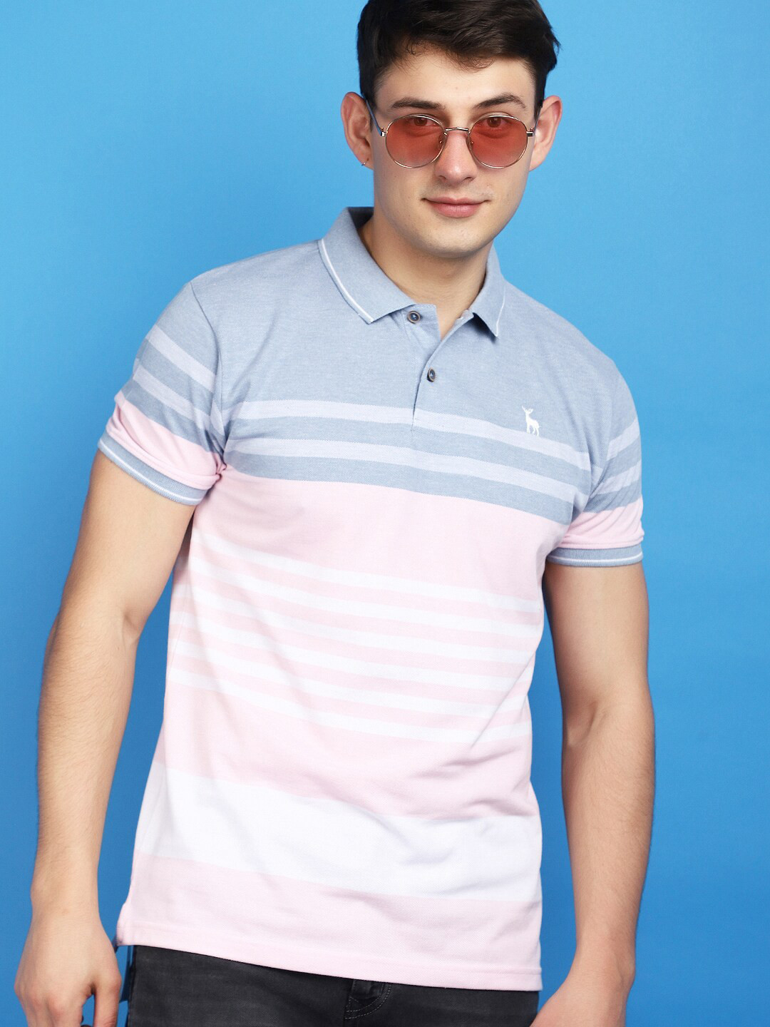 

V-Mart Polo Collar Short Sleeves Striped Cotton Regular Fit T-shirt, Blue