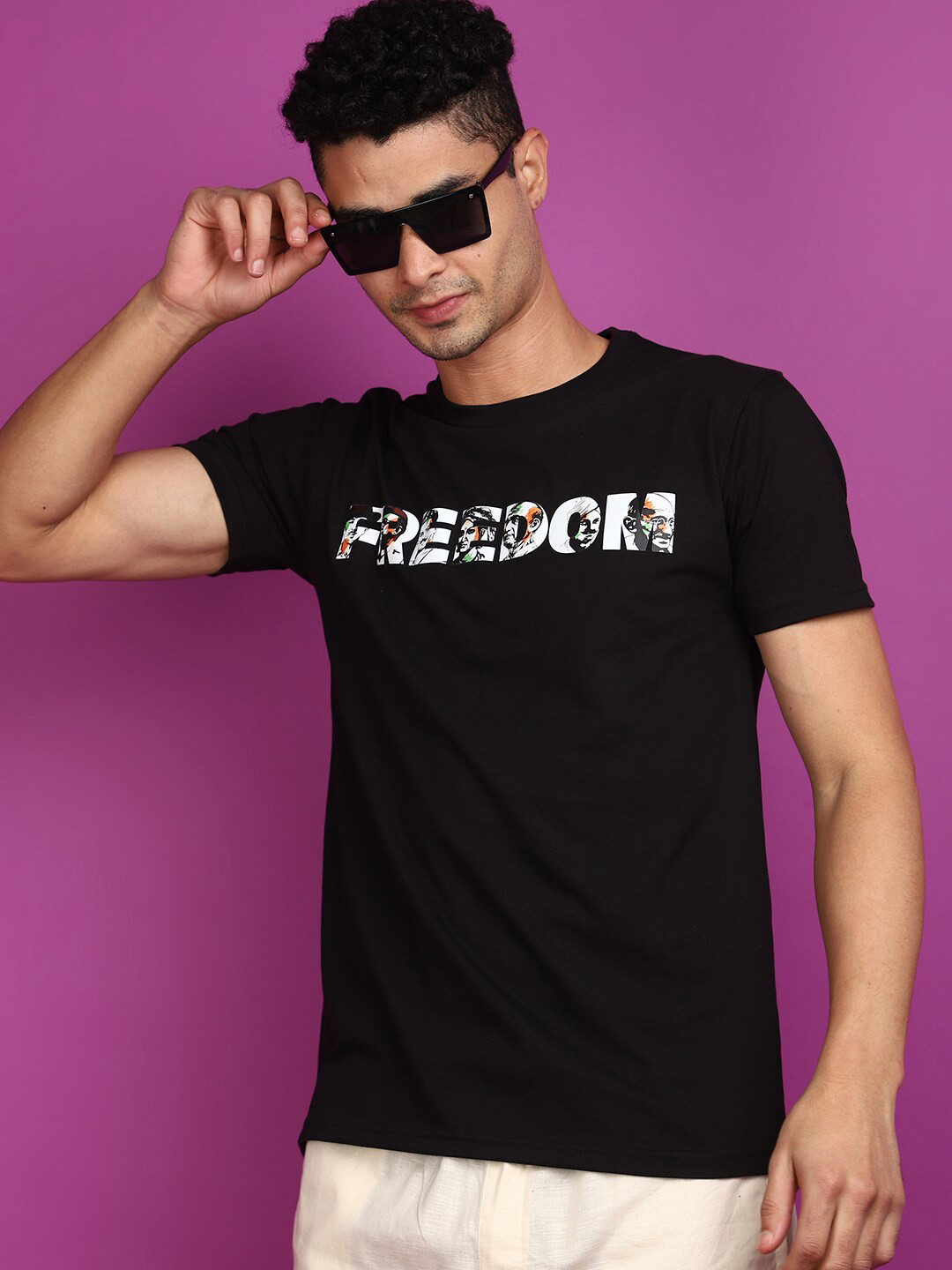 

V-Mart Round Neck Short Sleeves Typography Printed Cotton Regular Fit T-shirt, Black