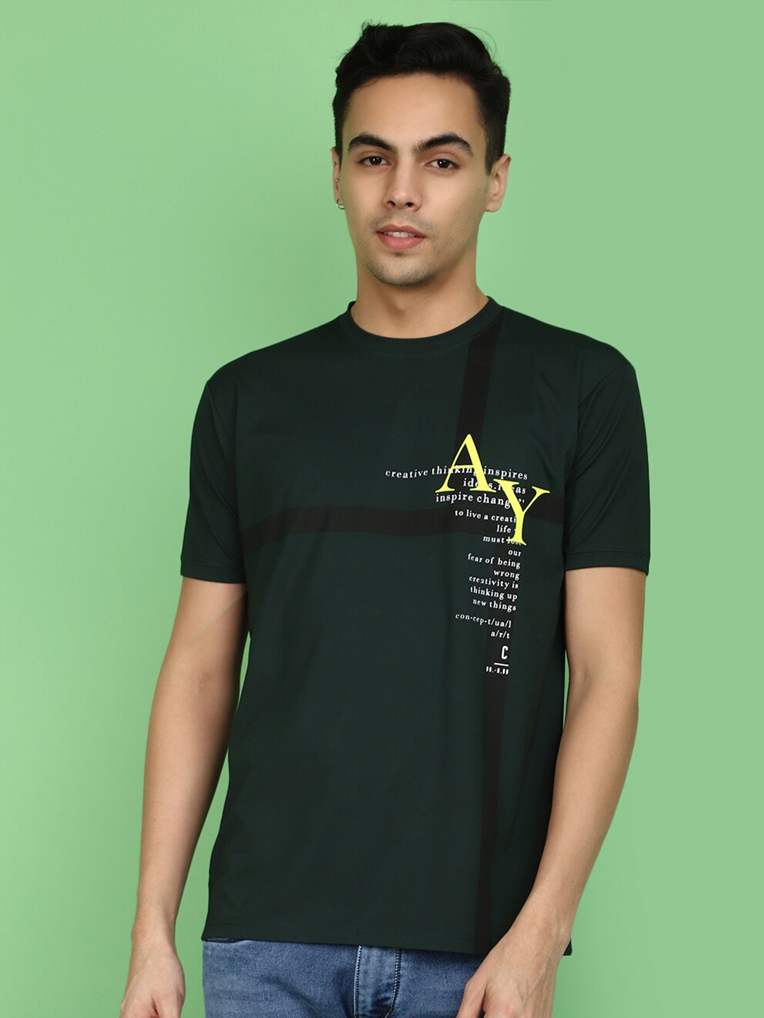 

V-Mart Round Neck Short Sleeves Typography Printed T-shirt, Green