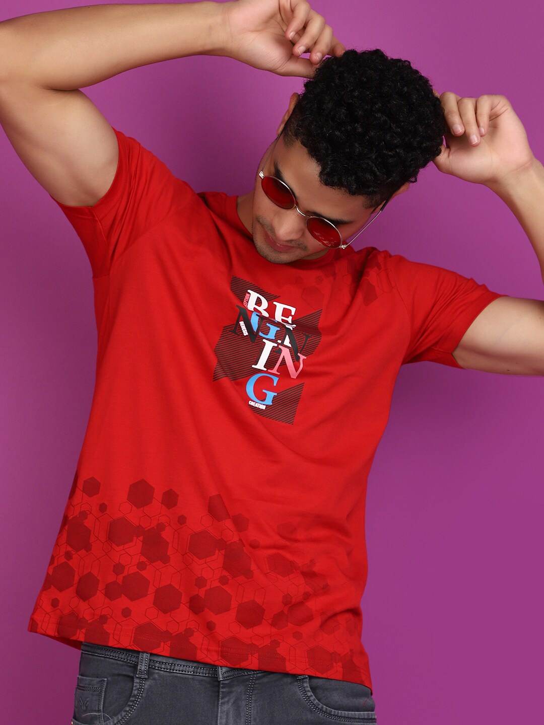 

V-Mart Round Neck Short Sleeves Printed Slim Fit Cotton T-shirt, Red