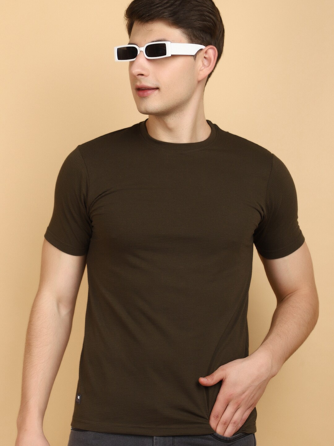 

V-Mart Self Design Round Neck Cotton Slim Fit T-shirt, Green