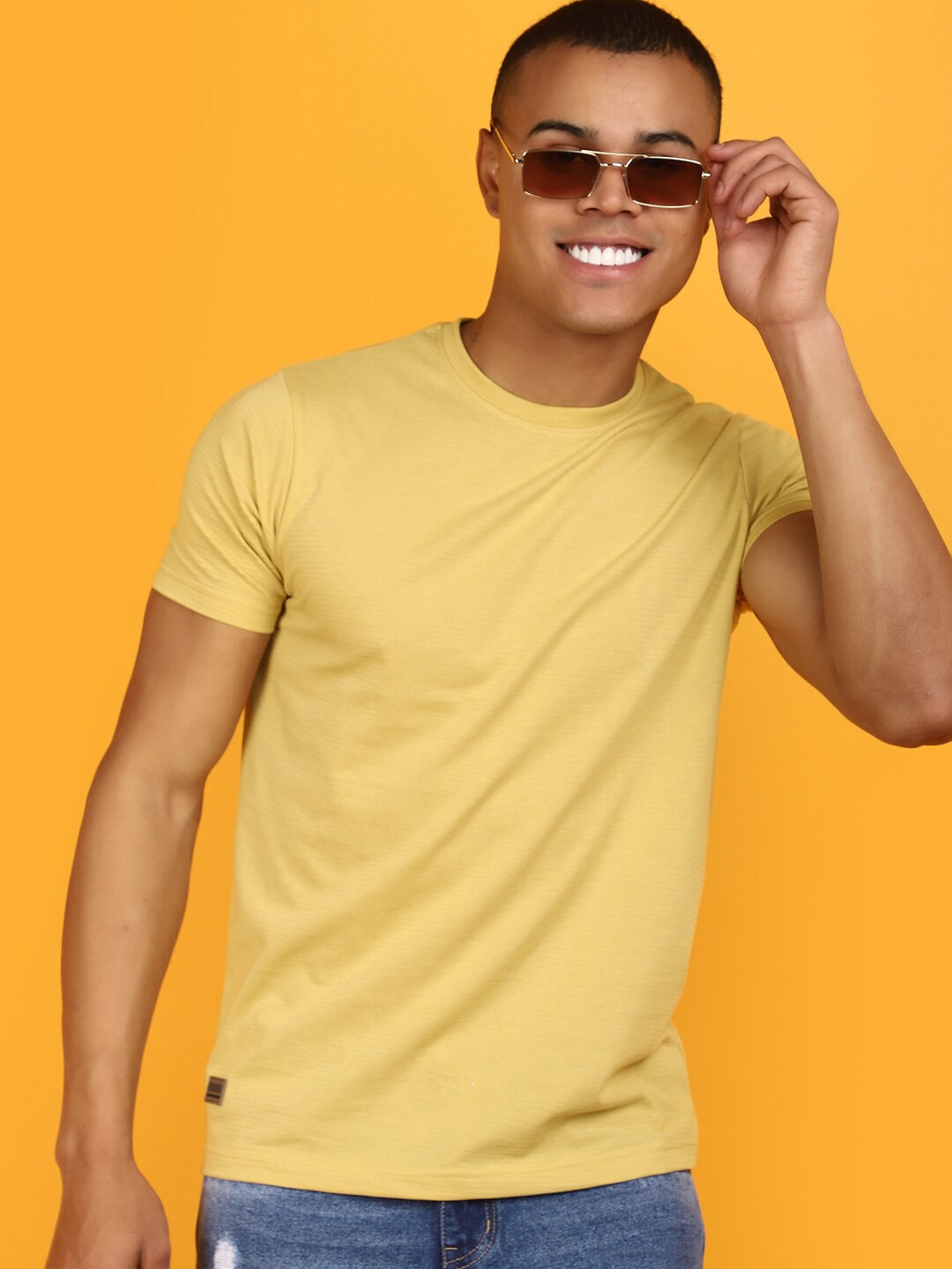

V-Mart Self Design Round Neck Cotton Slim Fit T-shirt, Yellow