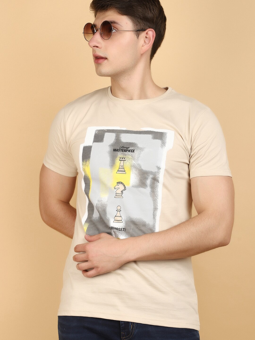 

V-Mart Graphic Printed Round Neck Cotton T-shirt, Beige