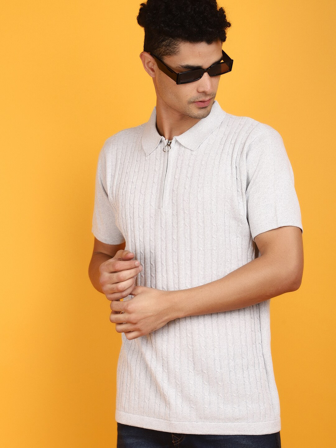 

V-Mart Seld Design Polo Collar Jacquard Cotton Slim Fit Casual T-shirt, Beige