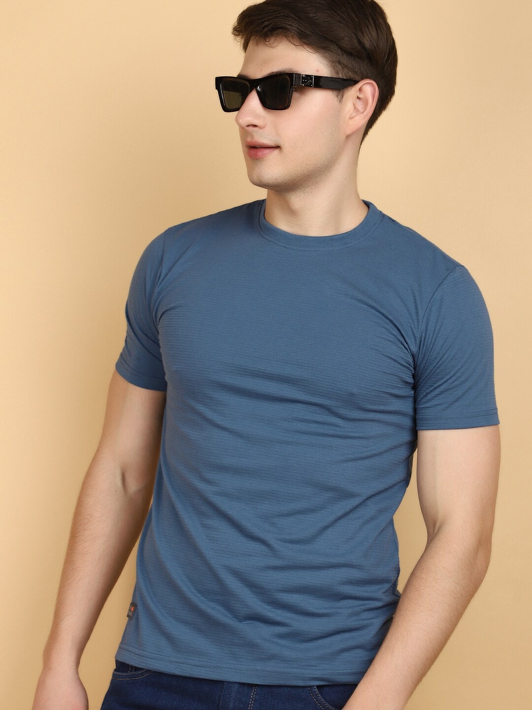 

V-Mart Round Neck Short Sleeves Cotton Slim Fit Casual T-shirt, Blue