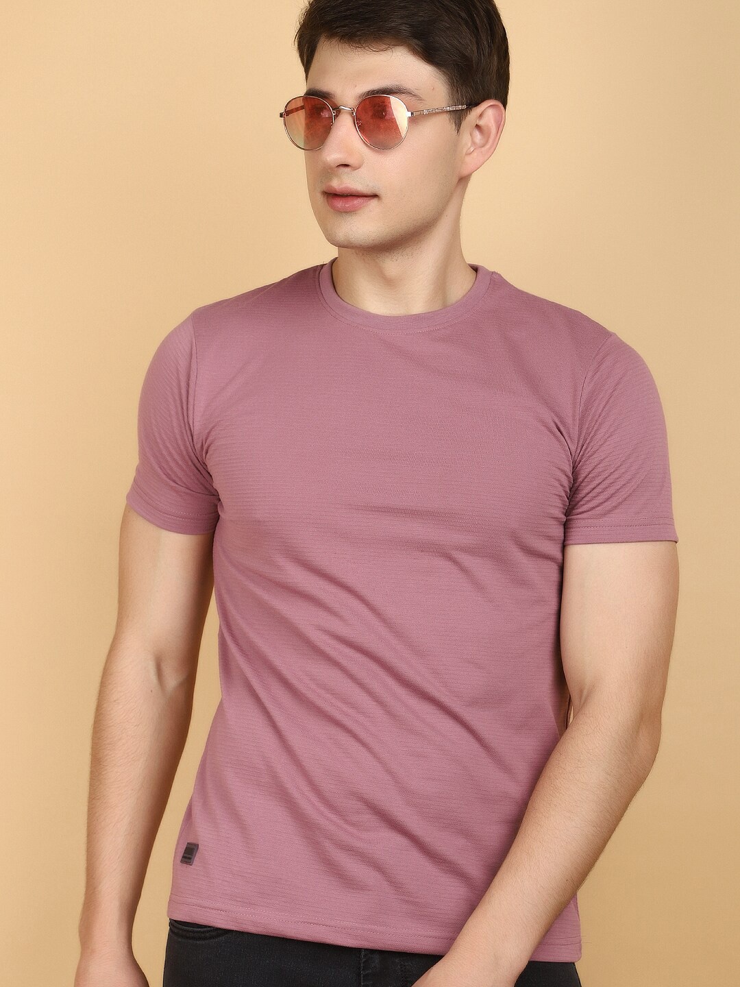 

V-Mart Self Design Round Neck Cotton Slim Fit Casual T-shirt, Pink