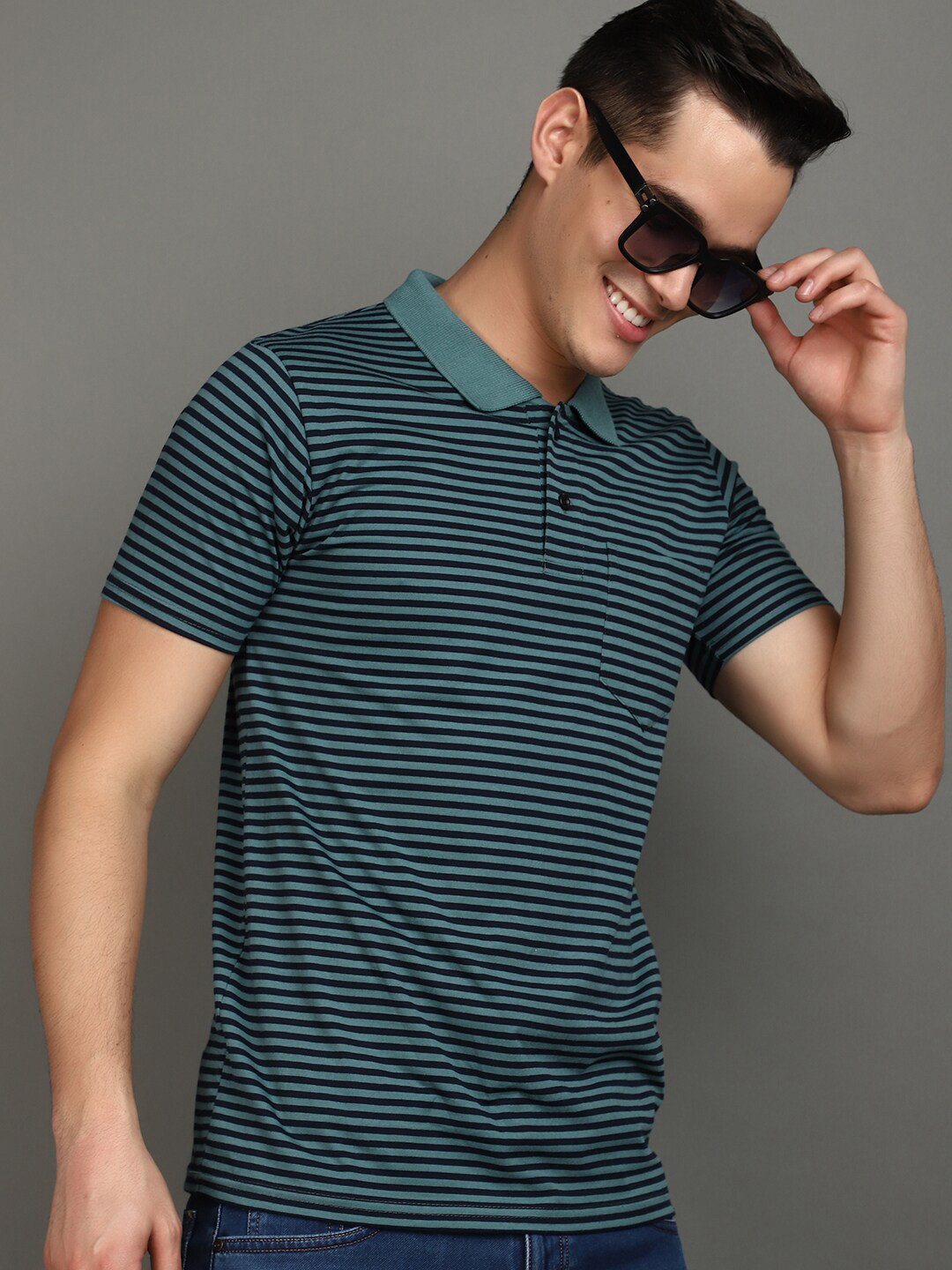 

V-Mart Striped Polo Collar Short Sleeves Cotton Slim Fit T-shirt, Green