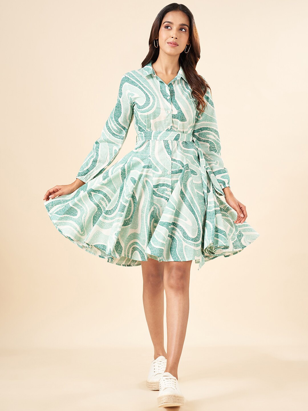 

AKKRITI BY PANTALOONS Abstract Print Shirt Collar Cuffed Sleeves Cotton Fit & Flare Dress, Green