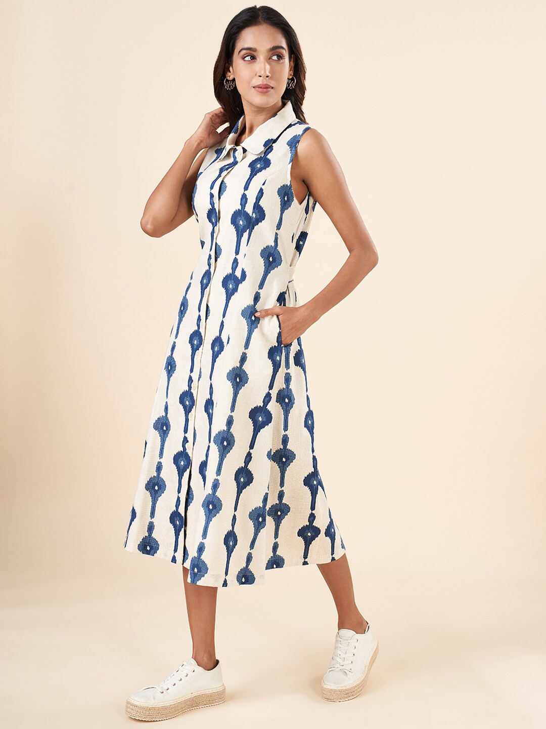 

AKKRITI BY PANTALOONS Ethnic Motifs Print Shirt Collar Sleeveless Cotton Shirt Midi Dress, White