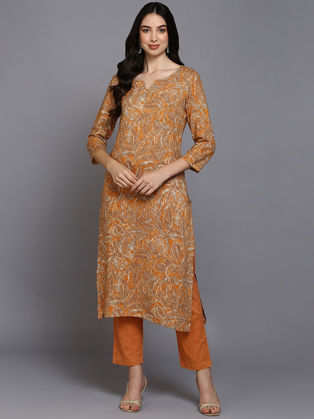 

AHIKA Orange-Coloured Floral Printed Straight Kurta