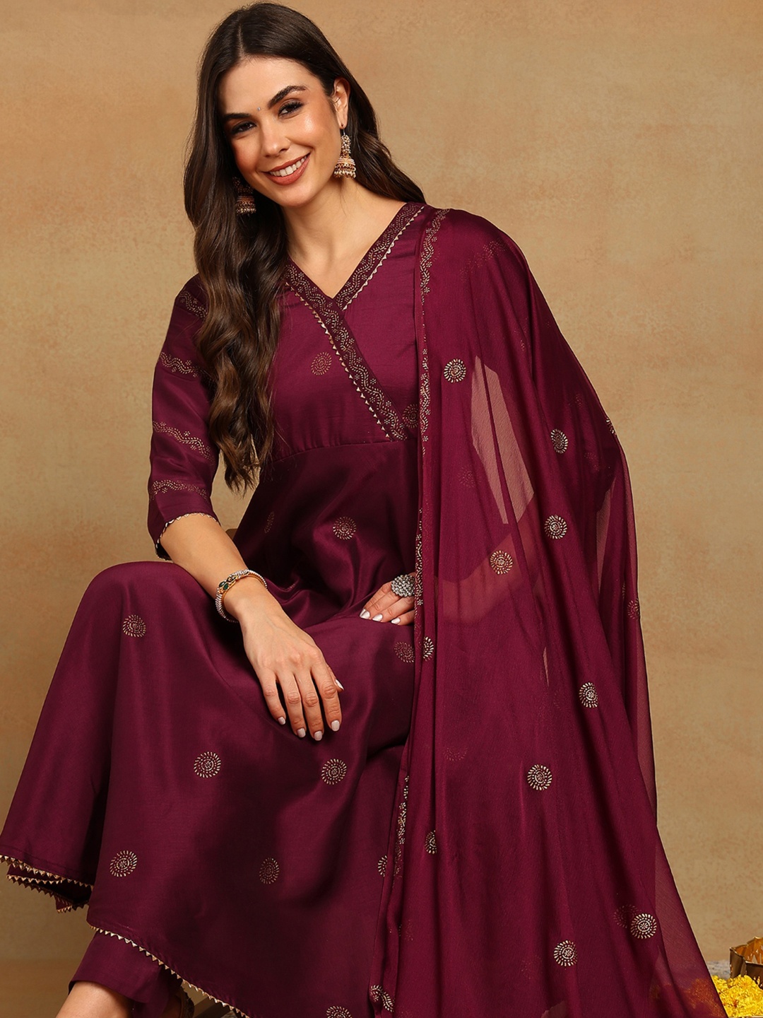 

AHIKA Ethnic Motifs Printed Angrakha Gotta Patti Kurta With Trousers & Dupatta, Burgundy