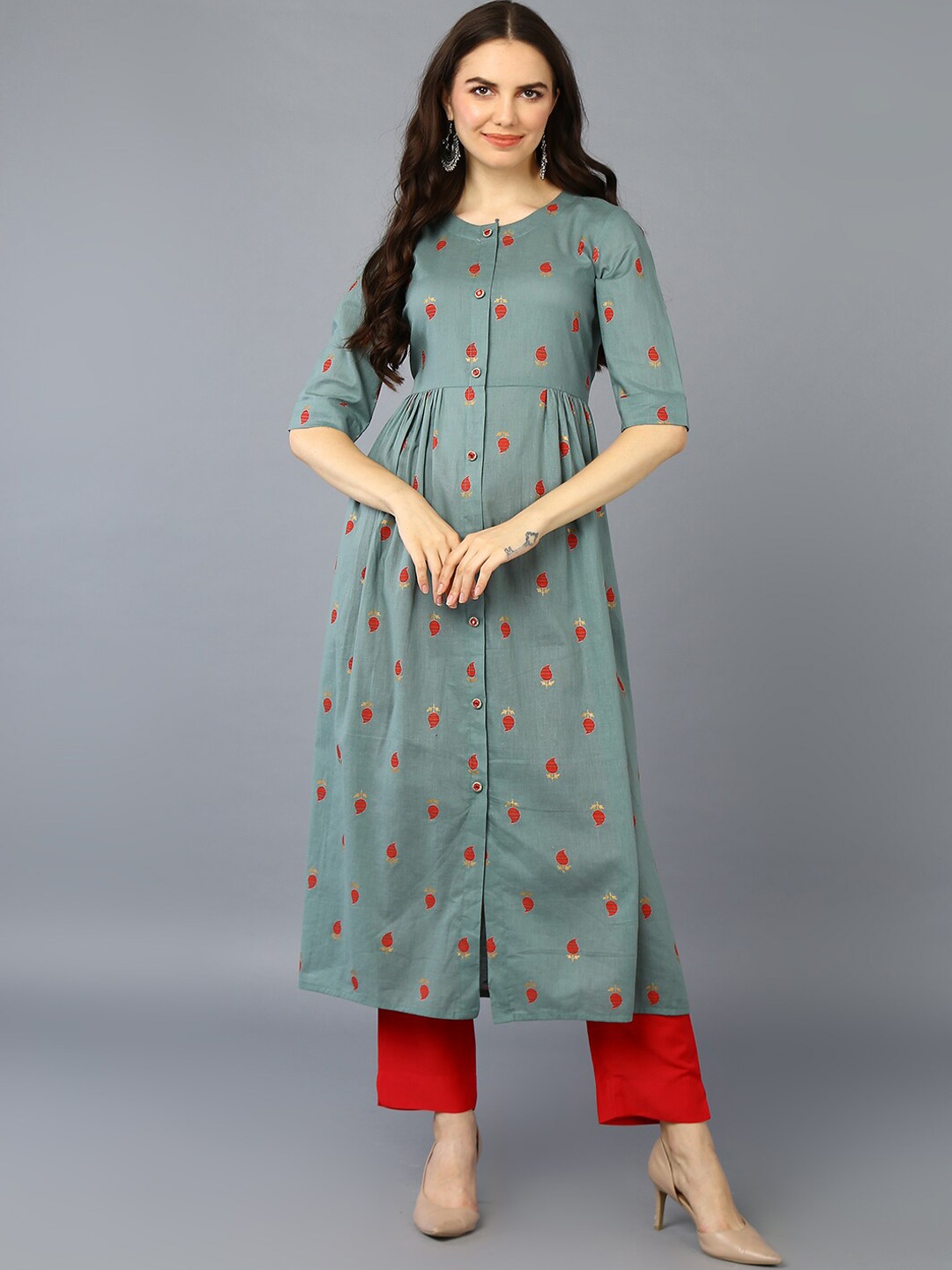 

AHIKA Sea Green Paisley Printed Pleated Cotton A-Line Kurta