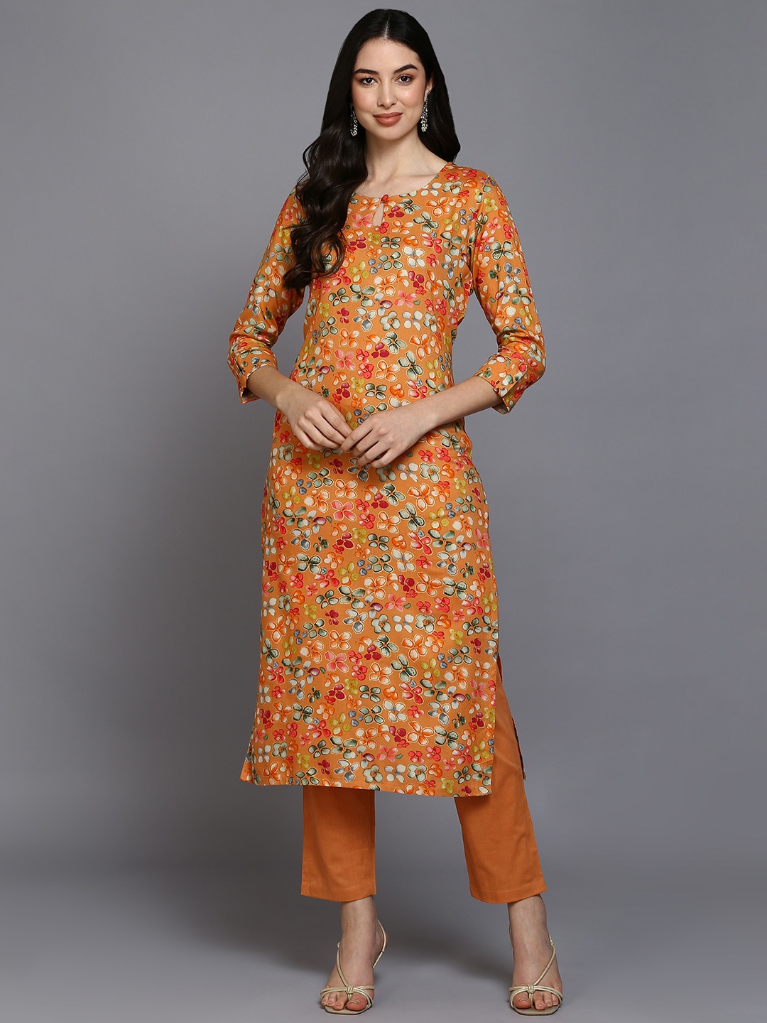 

AHIKA Orange-Coloured Floral Printed Keyhole Neck Straight Kurta