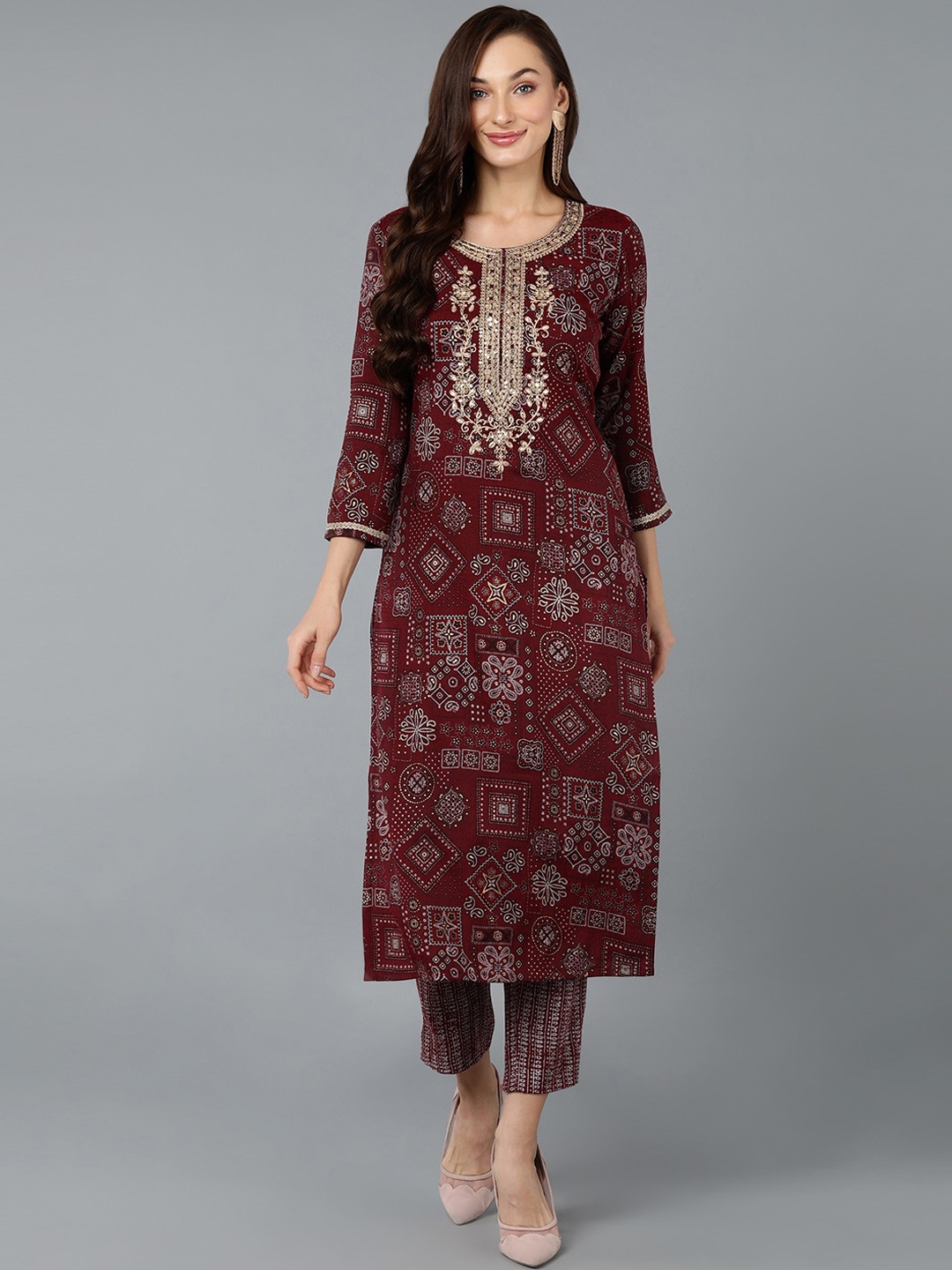 

AHIKA Maroon Ethnic Motifs Printed Thread Work Detailed Straight Kurta