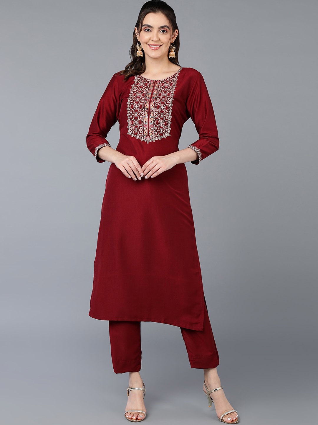 

AHIKA Yoke Design Thread Work Straight Kurta, Maroon
