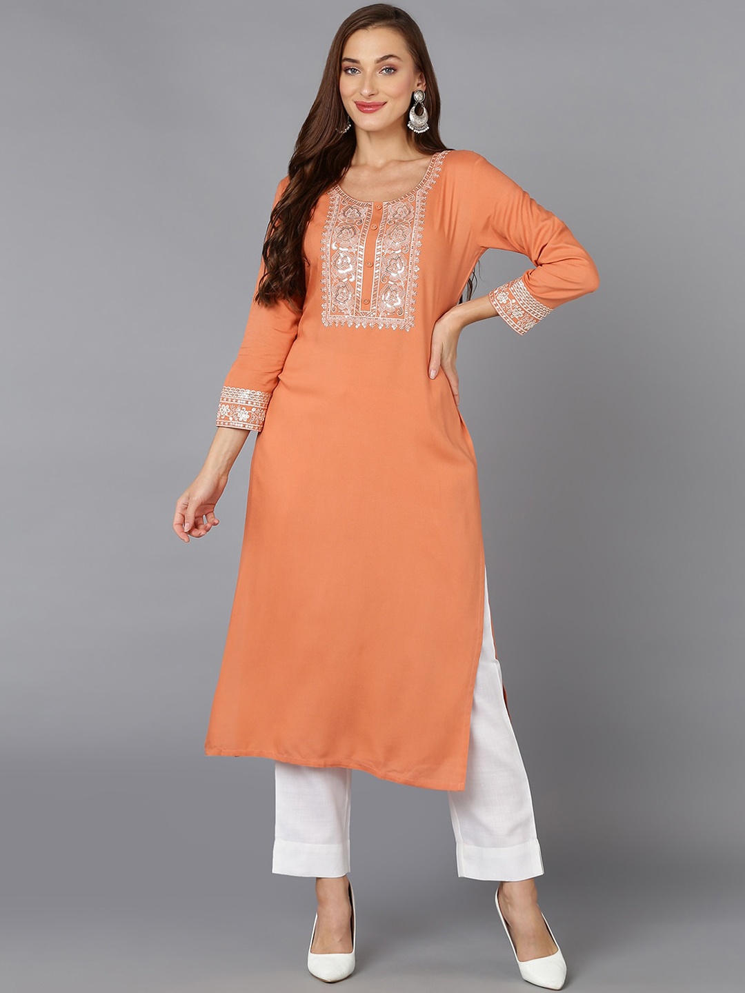 

AHIKA Yoke Design Sequined Straight Kurta, Coral