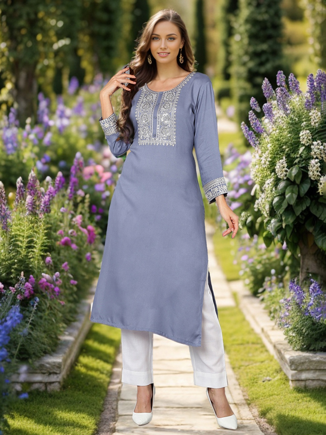 

AHIKA Round Neck Ethnic Motifs Sequined Embroidered Kurta, Blue