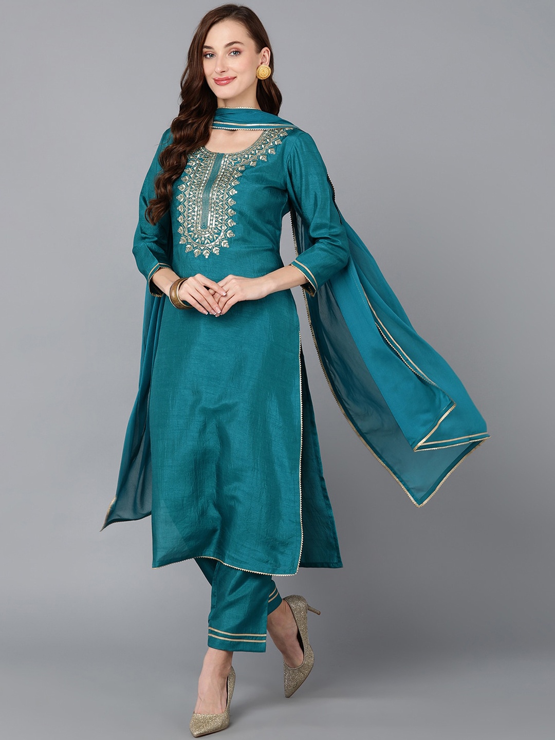 

AHIKA Ethnic Motifs Yoke Design Regular Thread Work Kurta with Trousers & With Dupatta, Teal