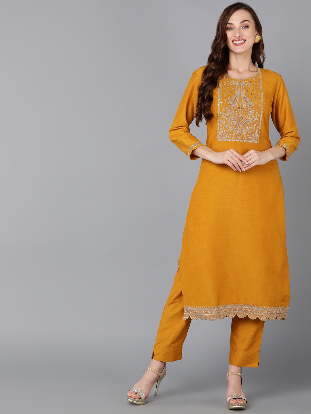 

AHIKA Round Neck Ethnic Motifs Yoke Design Sequined Straight Kurta, Mustard