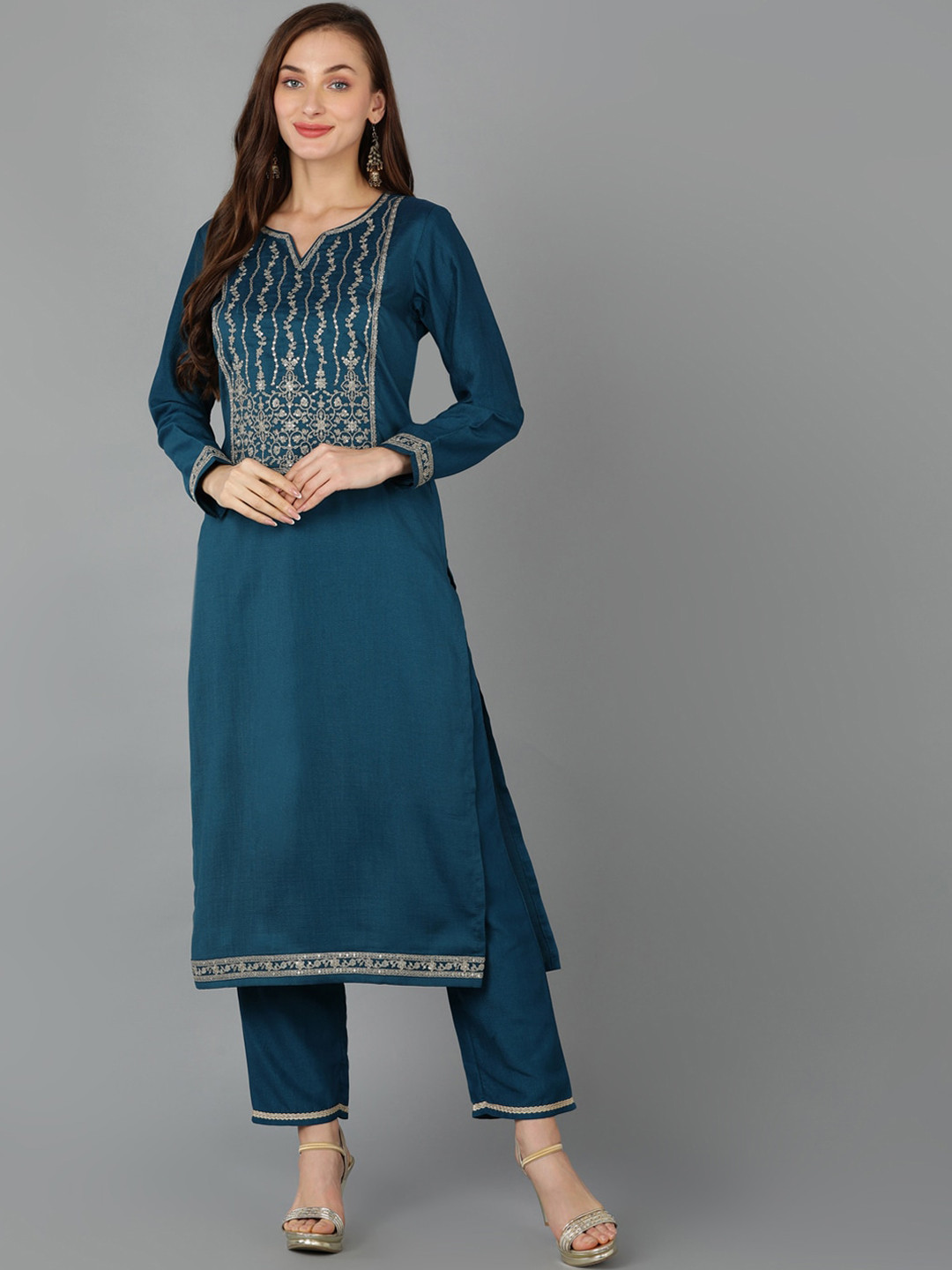 

AHIKA Teal Blue Ethnic Motifs Yoke Design Thread Work Detailed Straight Kurta