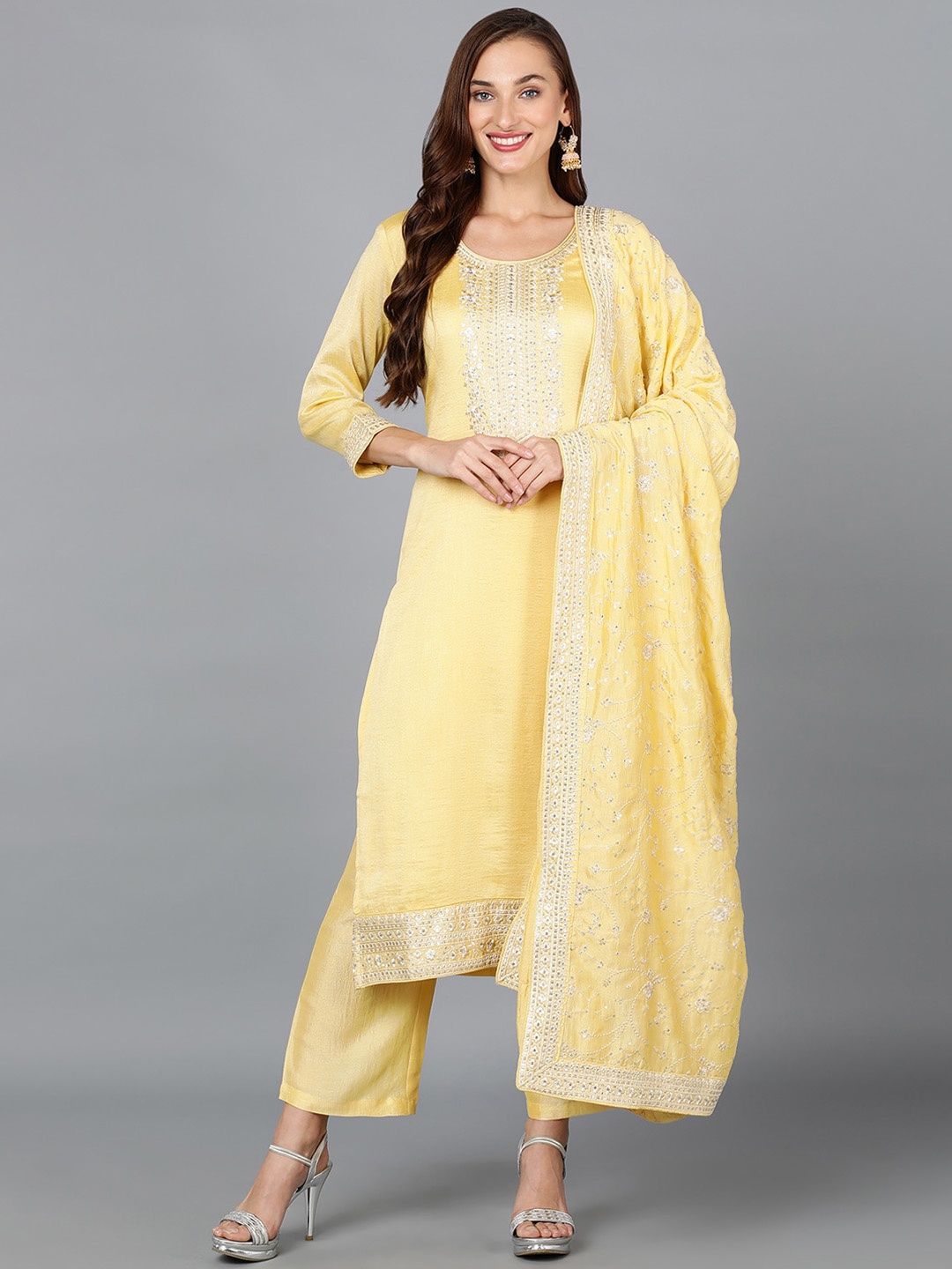 

AHIKA Ethnic Motifs Yoke Design Regular Sequinned Kurta with Trousers & With Dupatta, Yellow