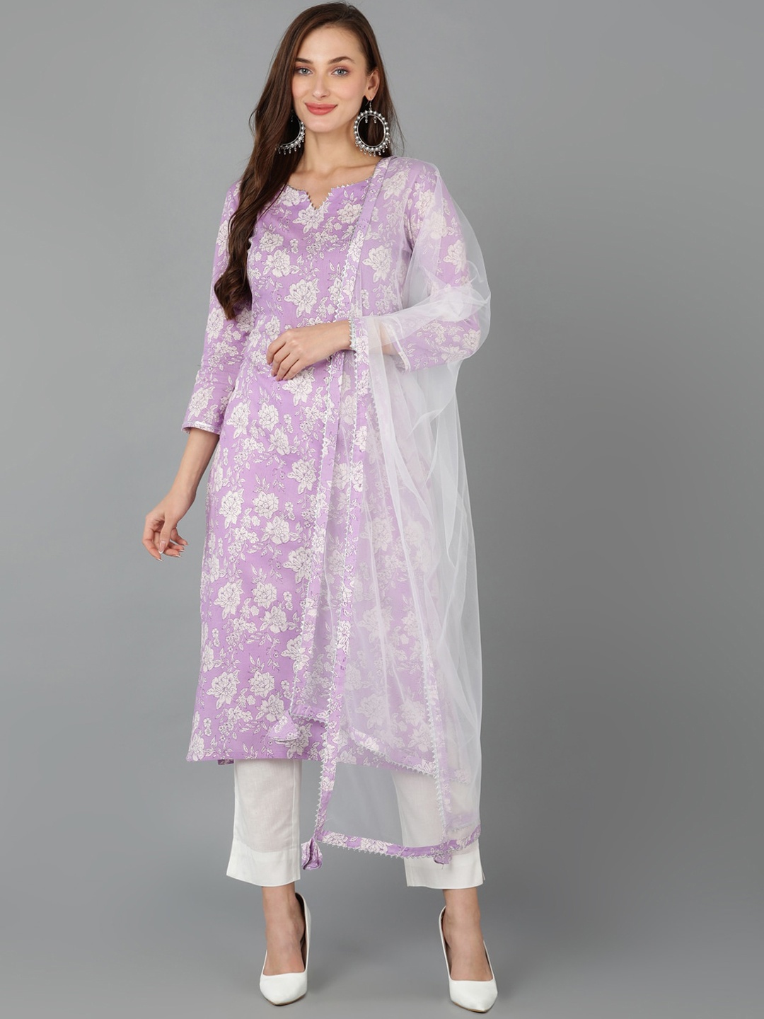 

AHIKA Floral Printed Regular Gotta Patti Kurta With Trousers & Dupatta, Purple