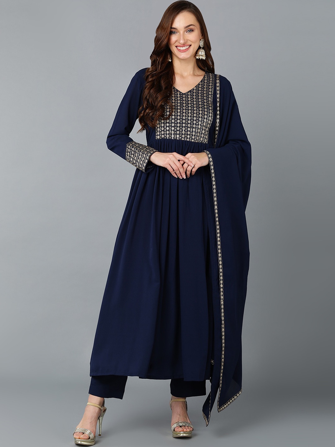 

AHIKA Ethnic Motifs Yoke Design Empire Sequinned Anarkali Kurta With Trousers & Dupatta, Navy blue