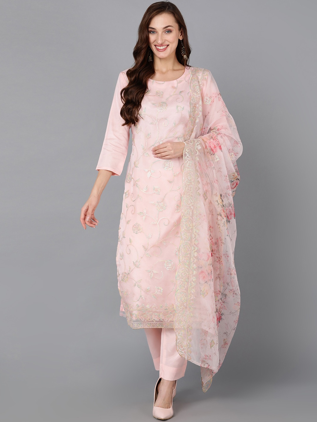 

AHIKA Ethnic Motifs Embroidered Regular Thread Work Kurta With Trousers & Dupatta, Peach