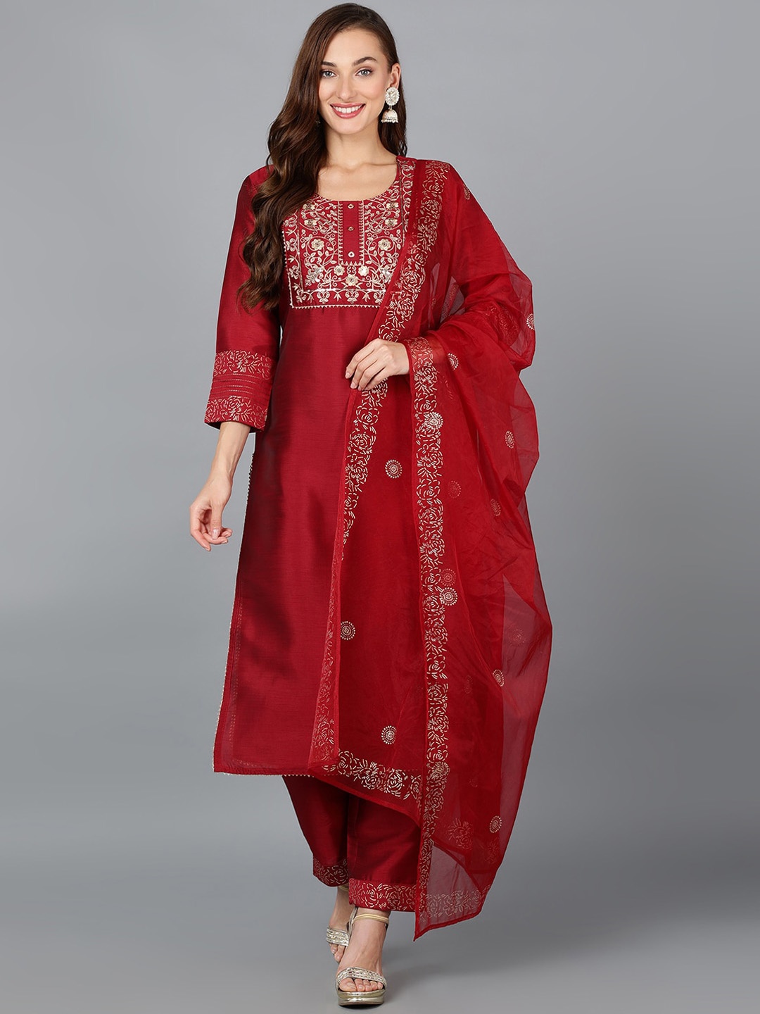 

AHIKA Maroon Floral Yoke Design Regular Thread Work Kurta With Trousers & Dupatta