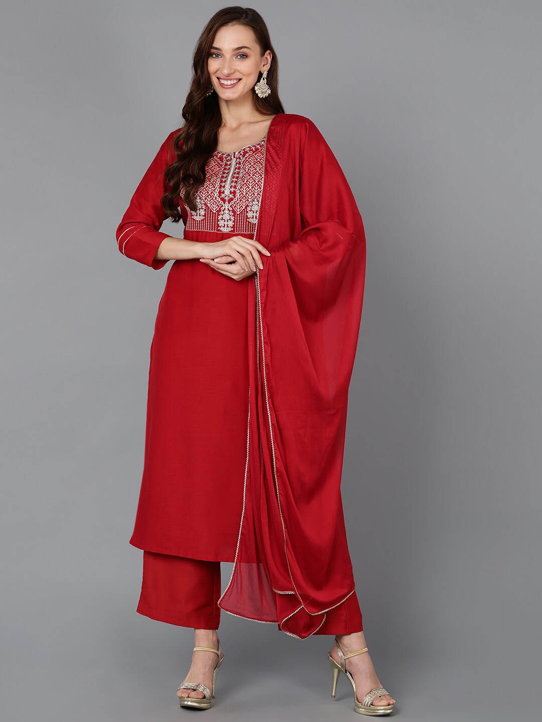 

AHIKA Ethnic Motifs Yoke Design Regular Thread Work Kurta with Palazzos & With Dupatta, Red