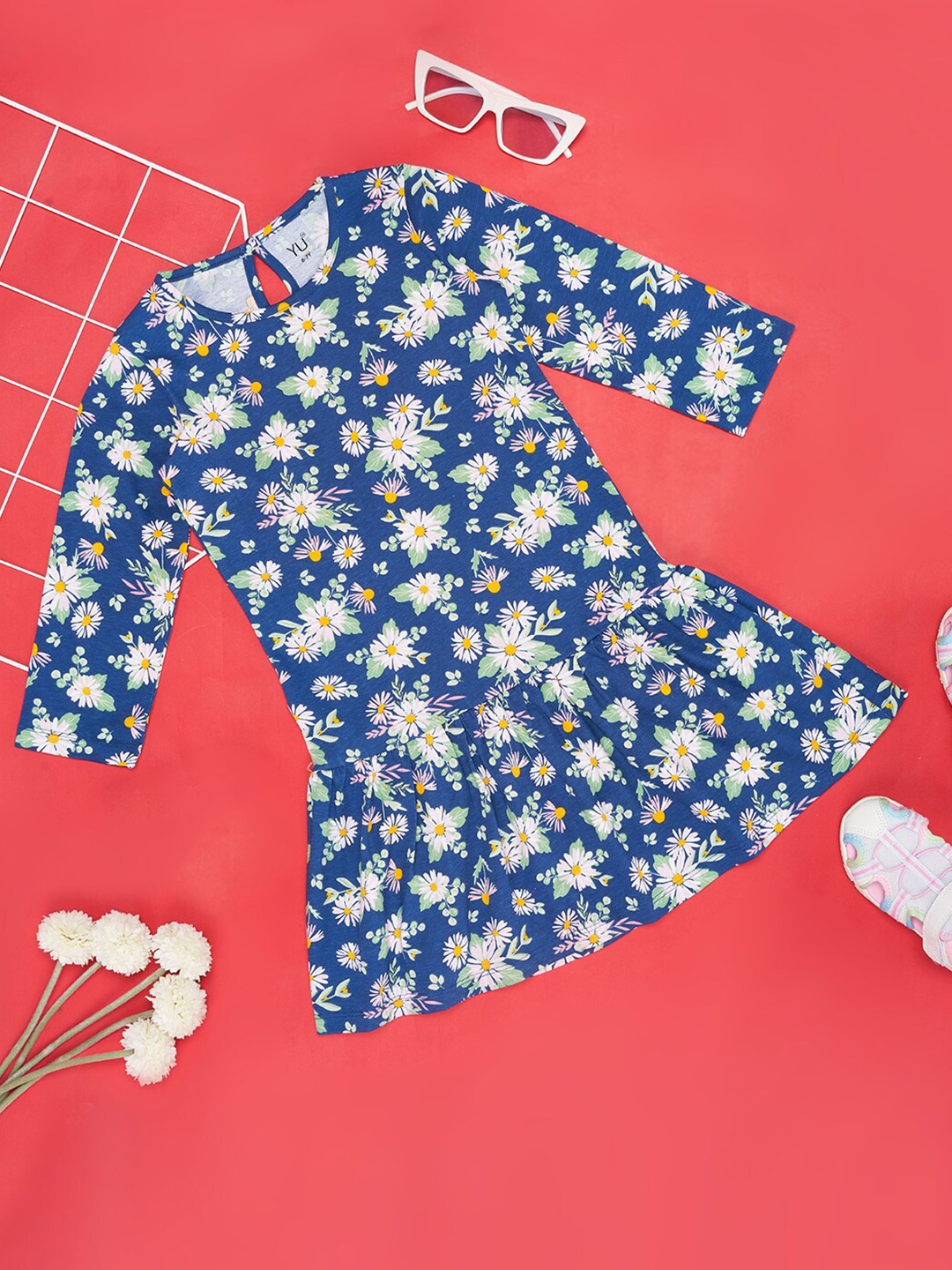 

YU by Pantaloons Girls Floral Printed Cotton Drop-Waist Dress, Navy blue