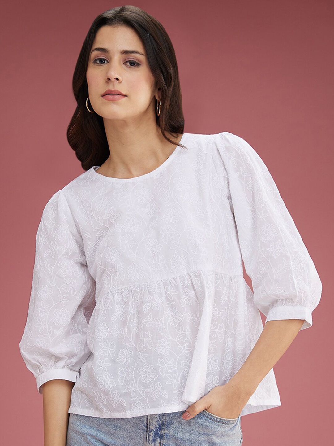 

DressBerry White Floral Embroidered Pure Cotton Peplum Top