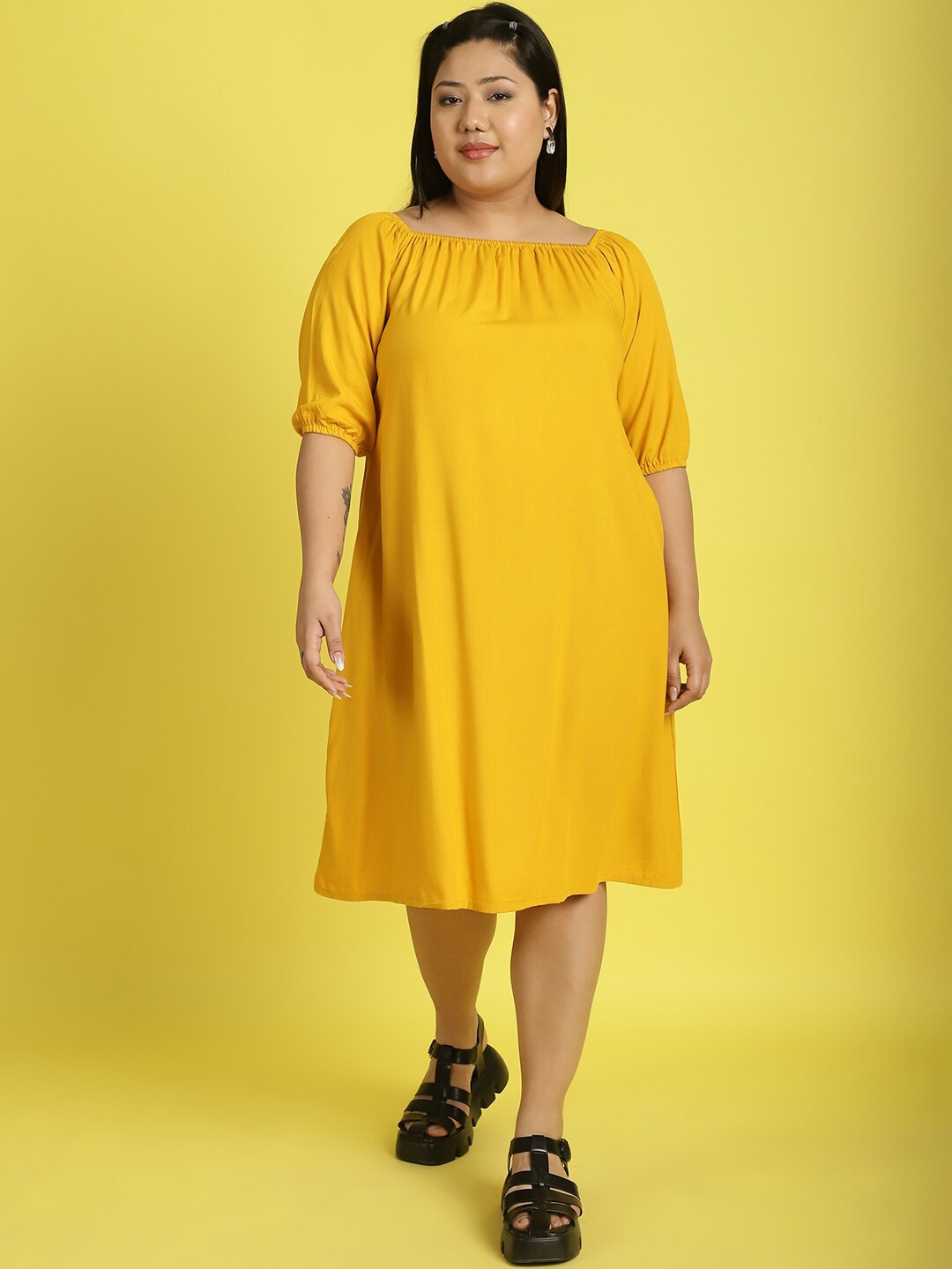 

theRebelinme Plus Size Square Neck A-Line Dress, Mustard