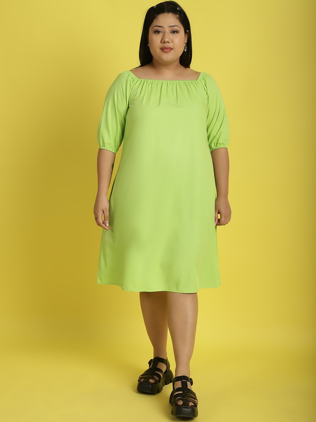 

theRebelinme Plus Size Square Neck A-Line Dress, Green