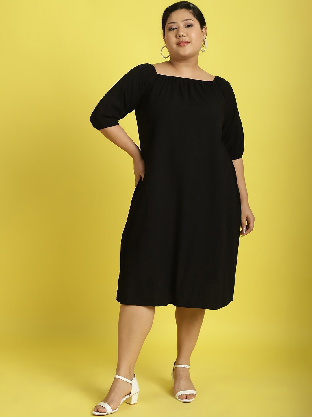

theRebelinme Plus Size Square Neck A-Line Dress, Black