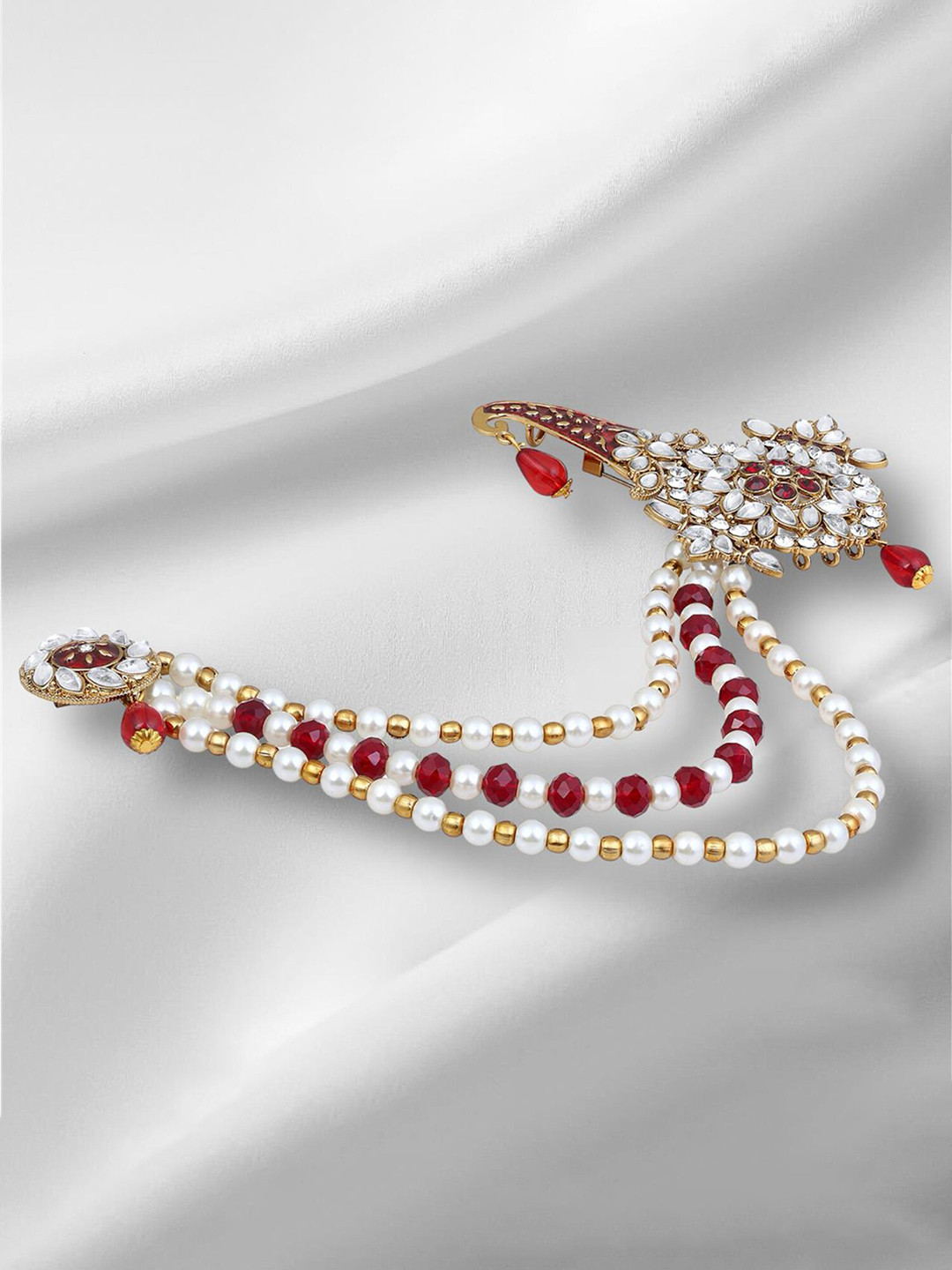 

Mahi Men Triple Layered Mala Meenakari Work Kalangi Brooch, Red