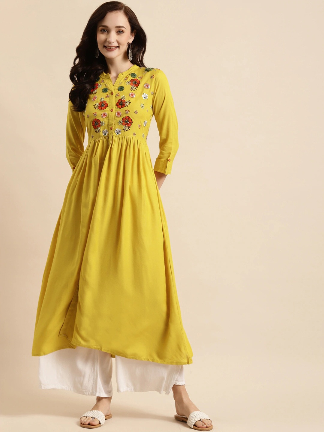 

all about you Floral Embroidered Liva A-Line Kurta, Yellow