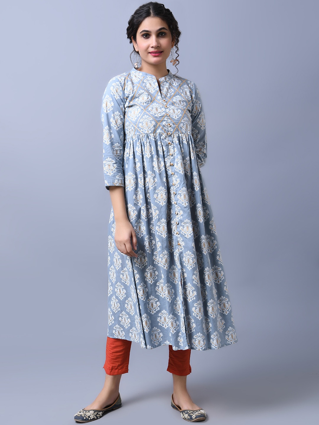 all about you Ethnic Motifs Printed Cotton A-Line Kurta, Blue