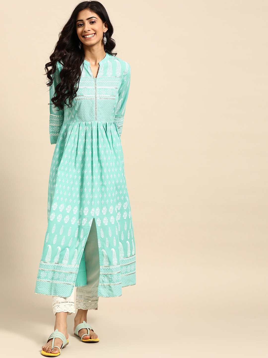 

all about you Ethnic Motifs Printed Mandarin Collar Cotton A-Line Kurta, Blue