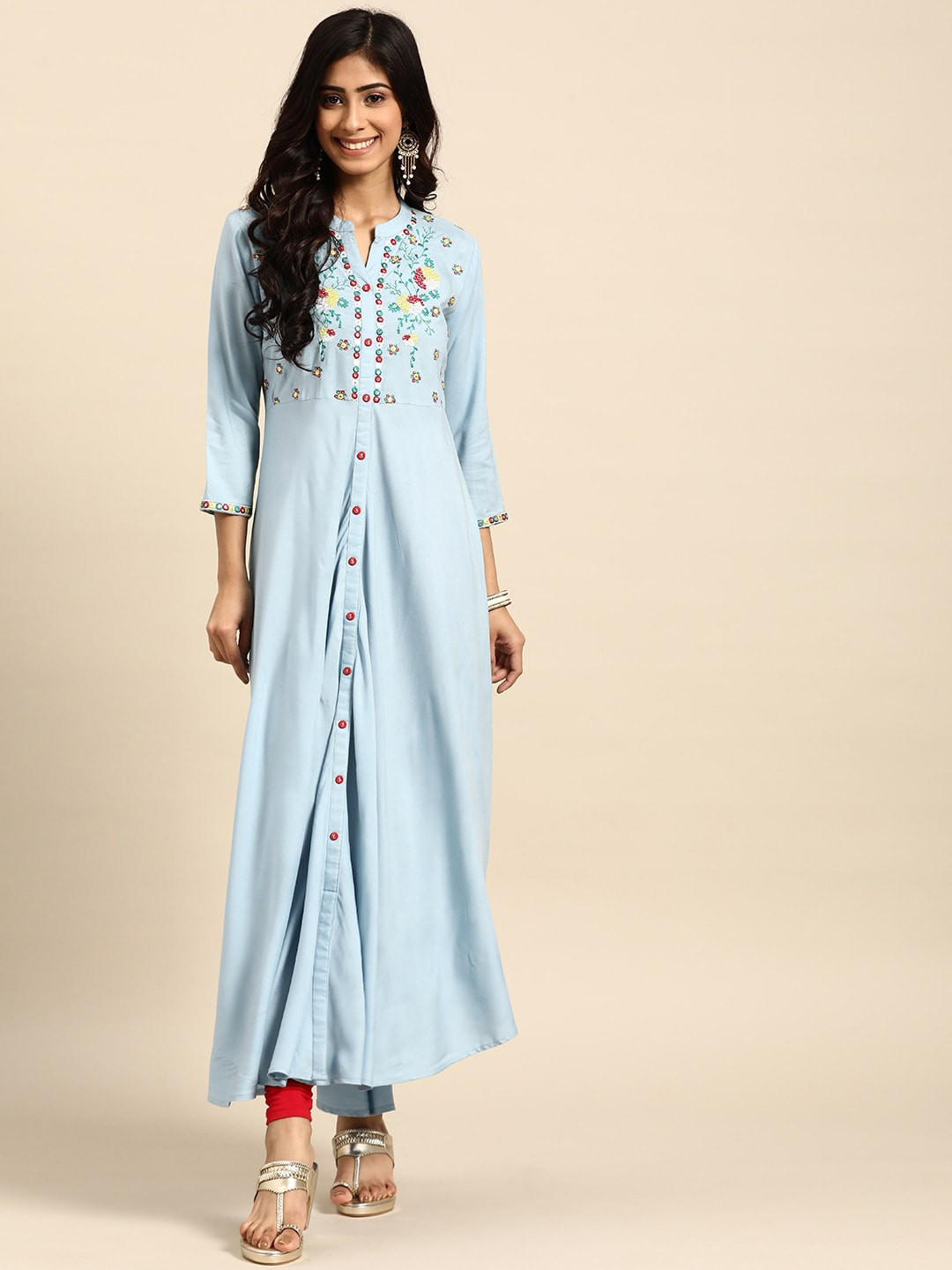 

all about you Floral Embroidered Mandarin Collar Cotton A-Line Kurta, Blue