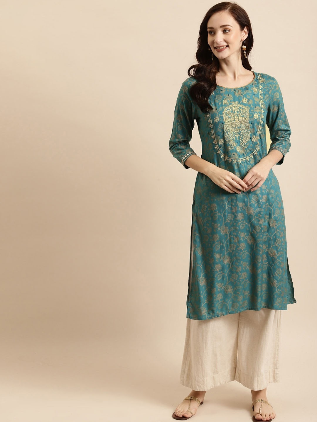 

all about you Green Floral Foil Printed Thread Work Detailed Liva Straight Kurta