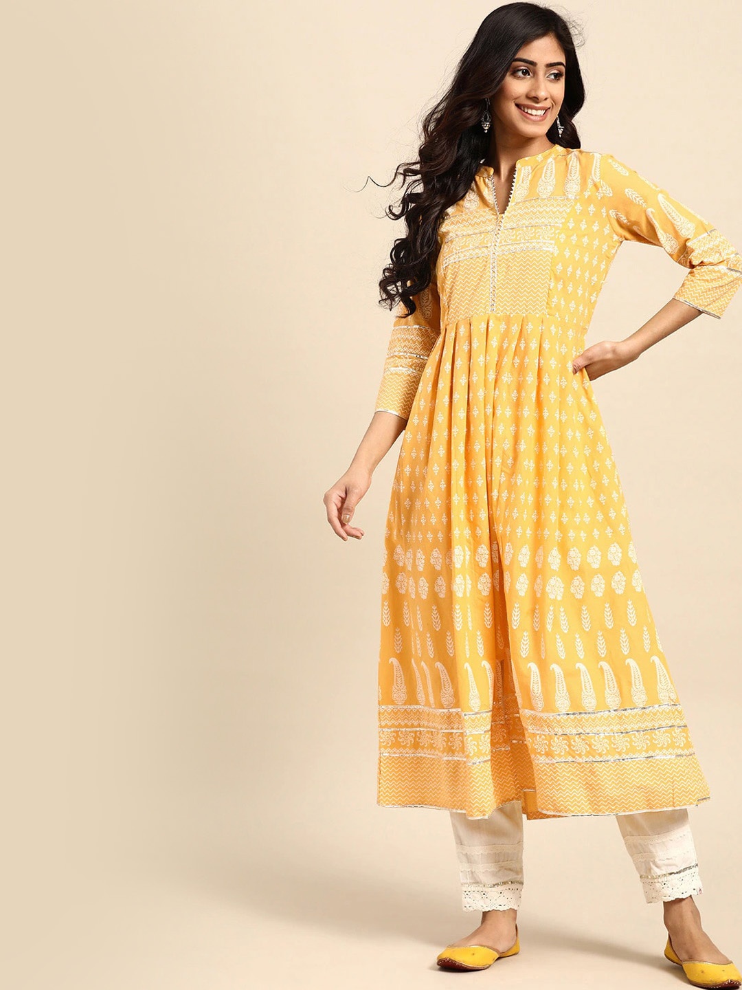 

all about you Yellow Ethnic Motifs Printed Gotta Patti Detailed Cotton A-Line Kurta