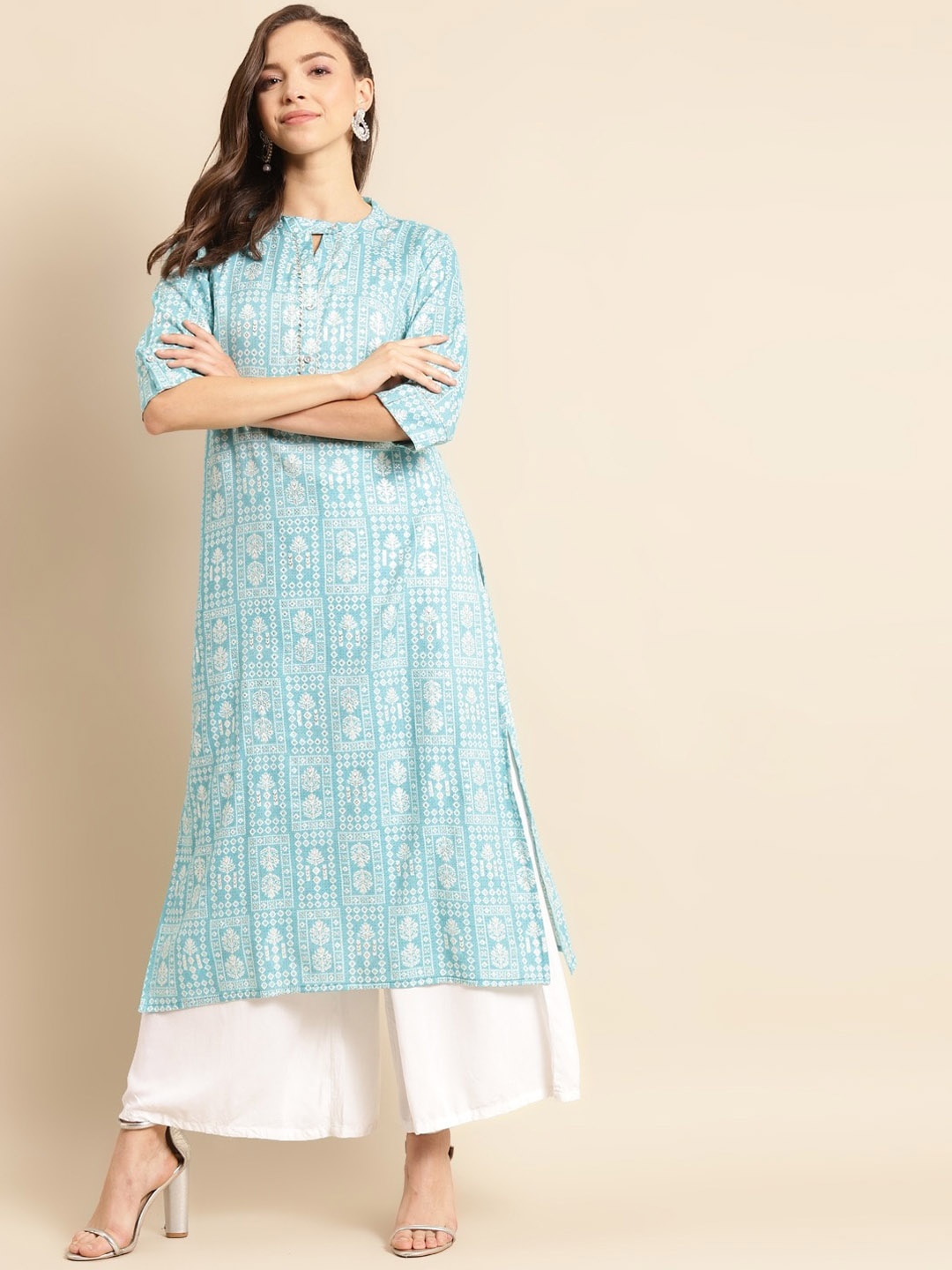 

all about you Blue Ethnic Motifs Printed Gotta Patti Detailed Liva Straight Kurta