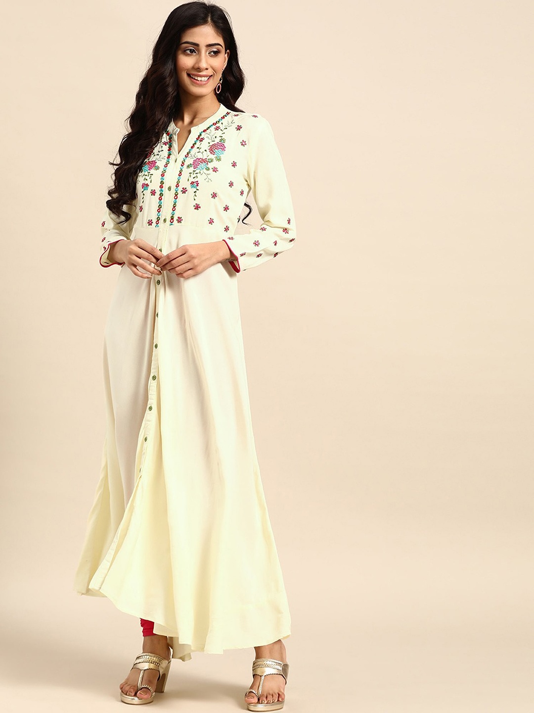 

all about you Mandarin Collar Long Sleeves Floral Embroidered Anarkali Kurta, Cream