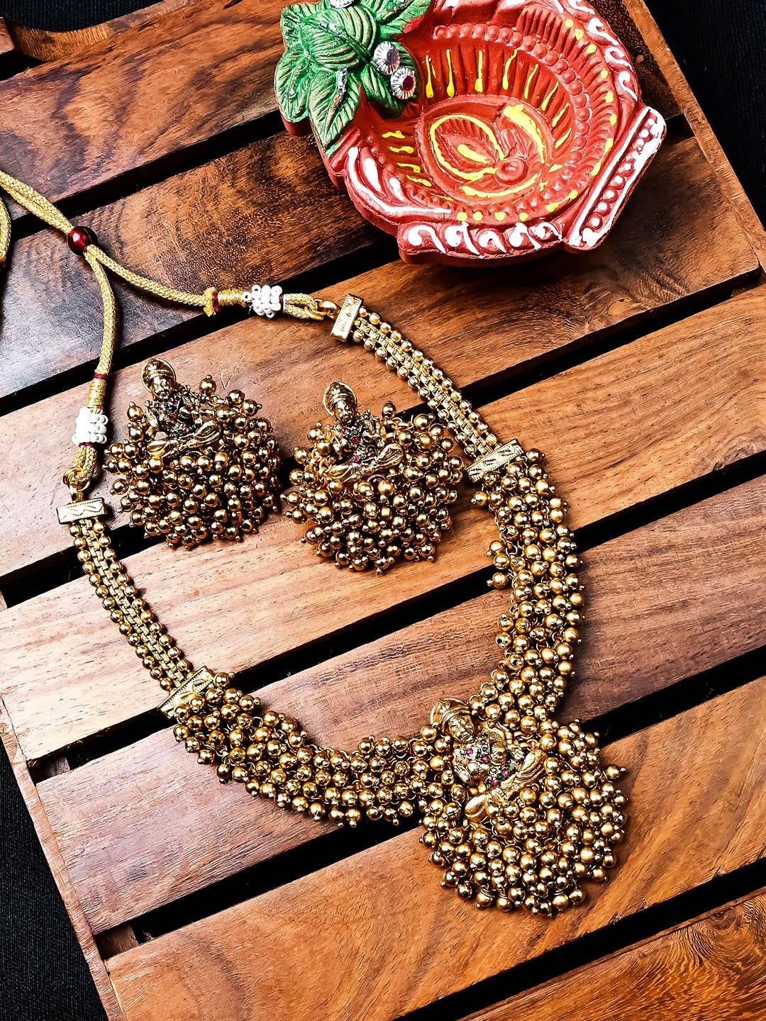 

StileAdda Gold Plated Temple Laxmi Hydra Beaded Necklace and Earrings