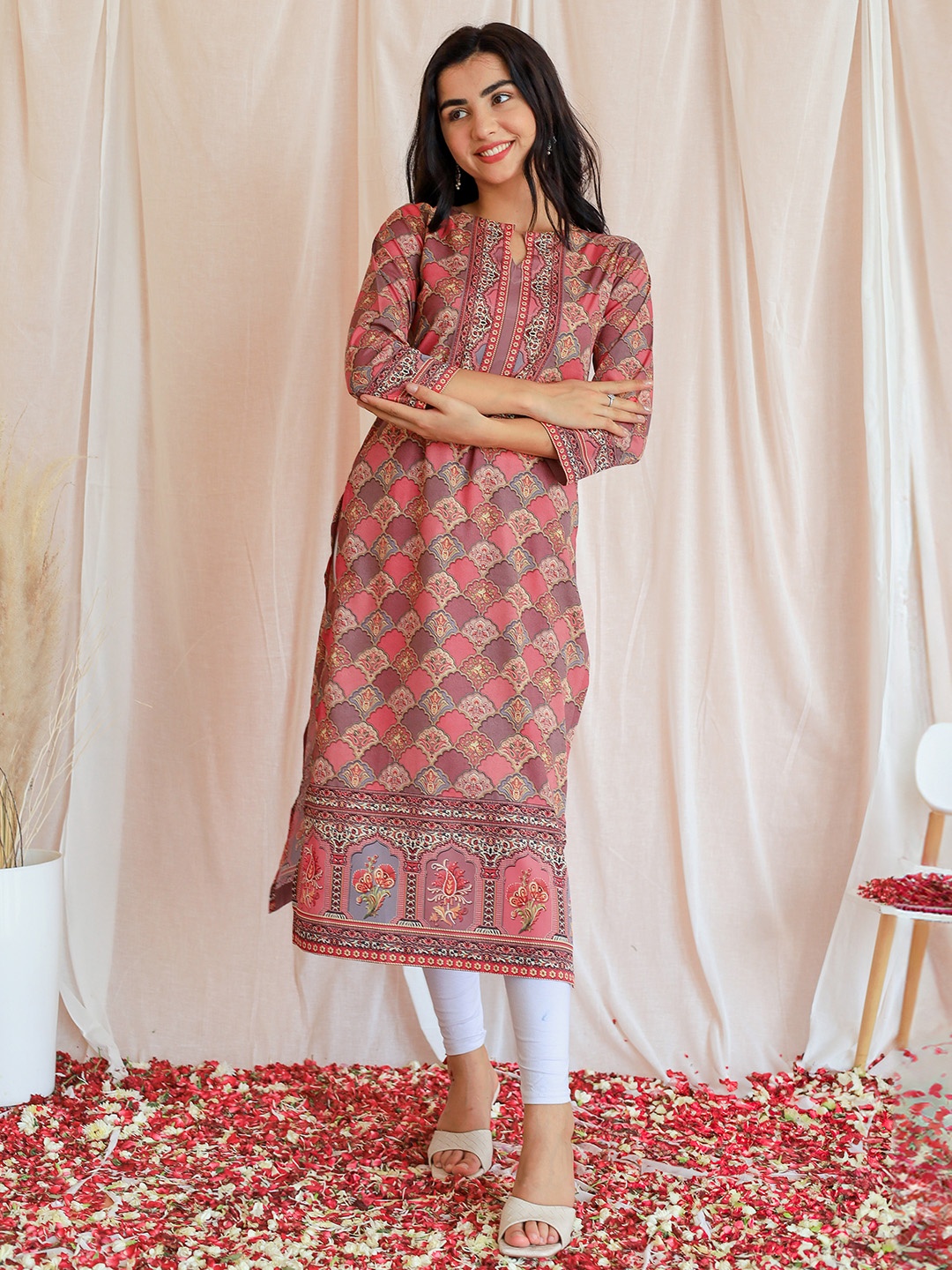 

Libas Ethnic Motifs Printed Keyhole Neck Crepe Straight Kurta, Pink