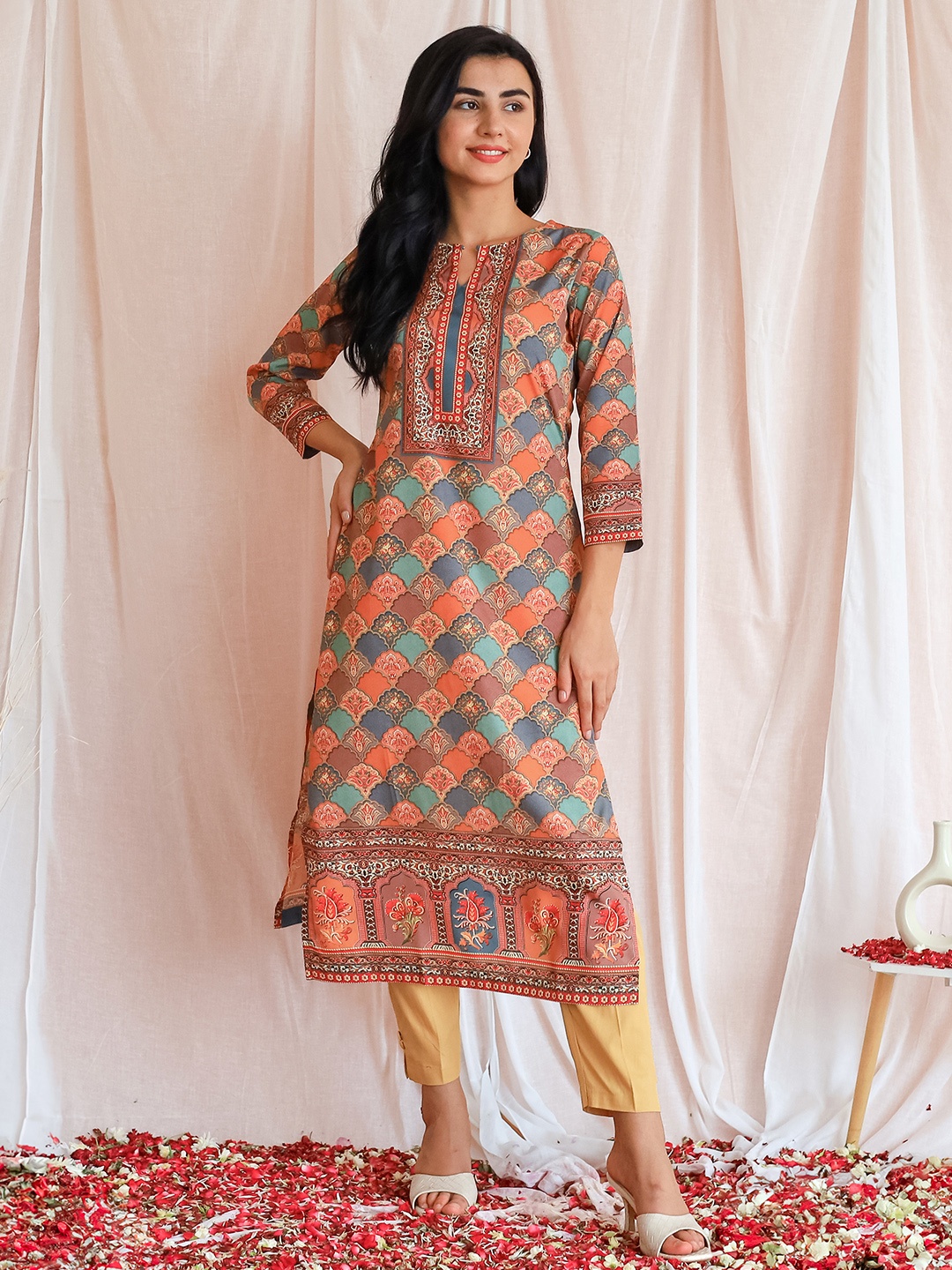 

Libas Ethnic Motifs Printed Straight Kurta, Brown