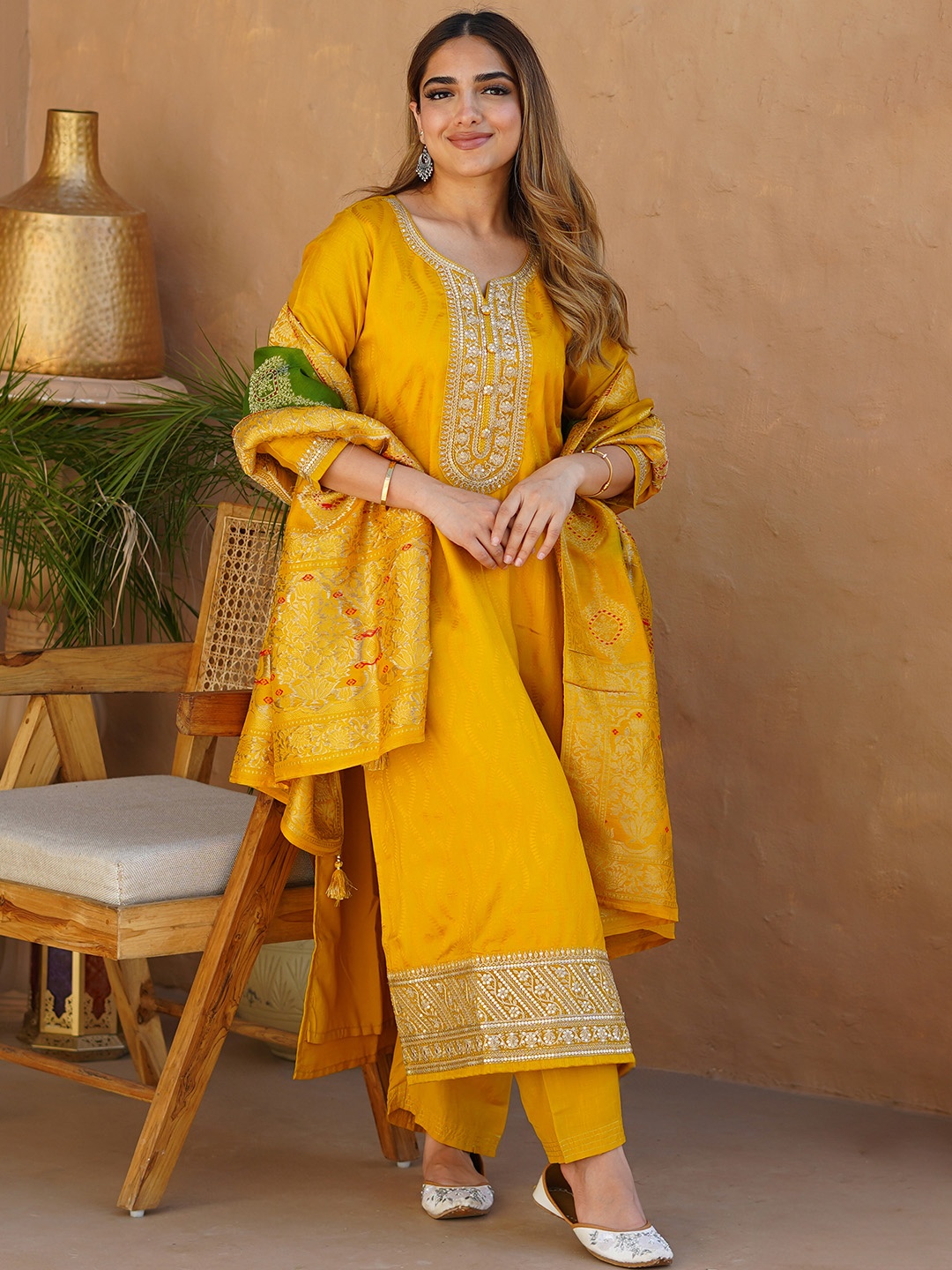 

Libas Yoke Design Zari Regular Notched Neck Straight Kurta with Trouser & Dupatta, Mustard